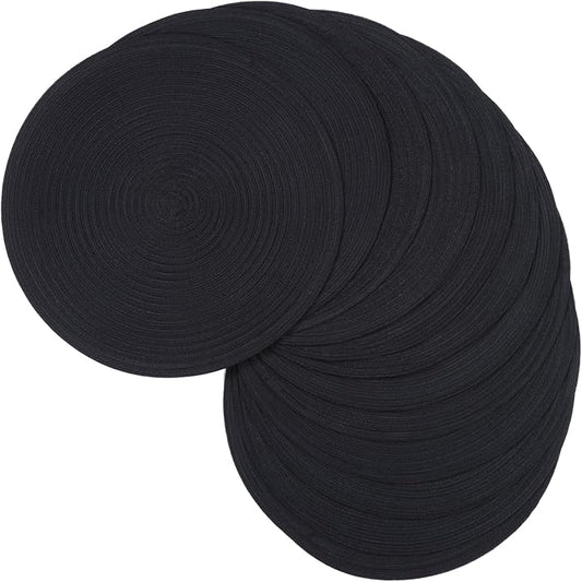 SHACOS Black Round Placemats Set of 12 Heavy Cotton Polyester Woven Braided Place Mats Washable Heat Resistant Non Slip Table Mats