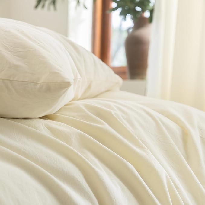 FOSSA Duvet Cover Set 100% Washed Cotton Linen Feel Super Soft Breathable Cozy 3 Pieces Bedding Sets Solid Cream White Super King Plus