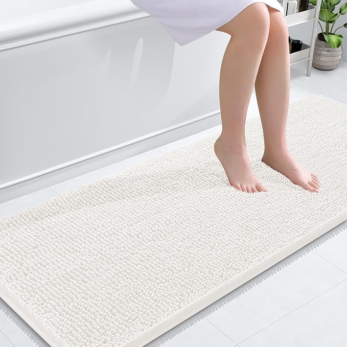 OLANLY Bathroom Rugs 59x24, Extra Soft Absorbent Chenille Bath Rugs, Rubber Backing Quick Dry, Machine Washable Bath Mats for Bathroom Floor, Tub and Shower, Home Decor Accessories, Ivory