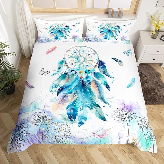 Girly Dream Catcher Duvet Cover Queen,Watercolor Feather Butterflies Retro Farmhouse Style Super Bedding Set,Wild Dandelion Colorful Marble Texture Comforter Cover Bedding 3 Piece (No Comforter)