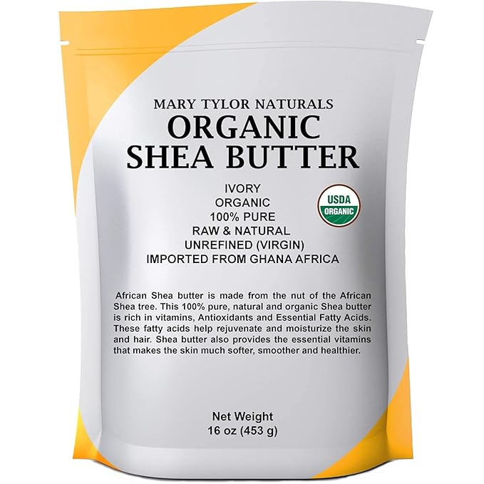 Mary Tylor Naturals Organic Shea butter 1 lb — USDA Certified Raw, Unrefined, Ivory From Ghana Africa — Great for Hair, Skin and all your DIY Projects