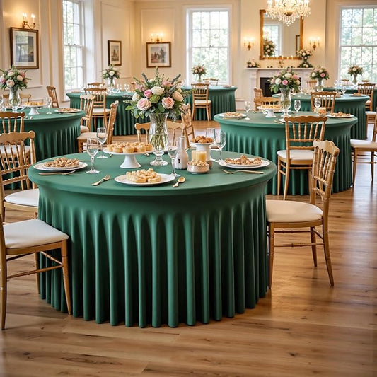Outpain 6 Pack 72inch Hunter Green Spandex Round Tablecloths, Stretchy 132inch Fitted 6FT Round Table Cloths, Wrinkle Free Table Cover with Skirt for Wedding Party Dining Banquet