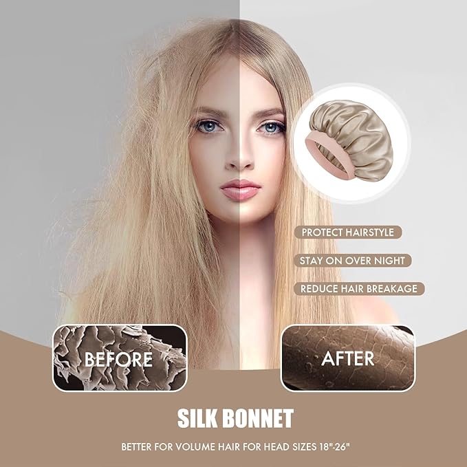 Satin Silk Bonnet for Sleeping, Double Layer Silk Sleep Cap for Men & Women, Soft Satin Lined Bonnet for Natural & Curly Hair(Champagne Pink)