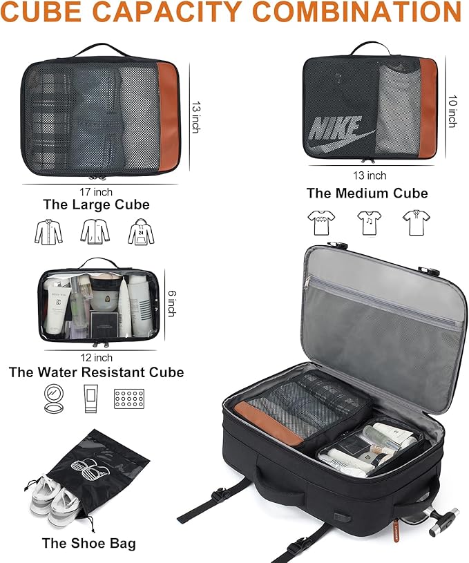 Rolling Backpack for Men and Women, Extra Large 42L Travel Backpack with Wheels, 17.3 Inch Carry-On Laptop Bag with 4 packing cubes for Business and Work, Large Capacity Rolling Bag