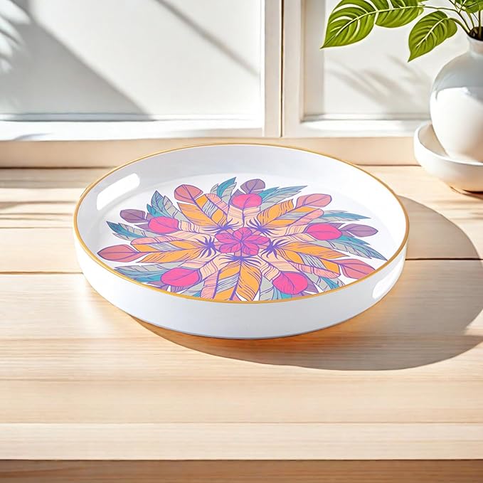 Round Coffee Table Tray Ottoman Tray,Round Plastic Serving Trays with Handles,Modern Decorative Tray for Ottoman Coffee Table,Plastic Ottoman Tray for Living Room, Large, White