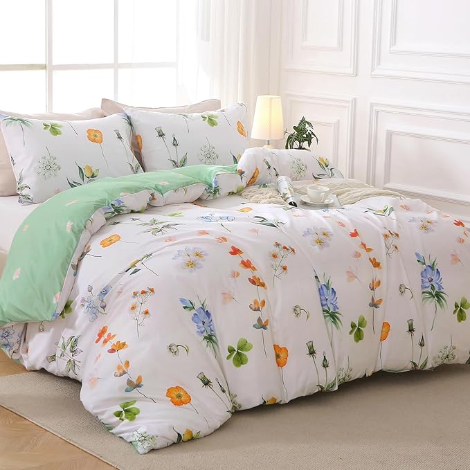 Duvet Cover King Size, Reversible Floral Multicolor Duvet Cover Set with Zipper Closure, 3 Pieces Botanical Patterns Soft Microfiber Bedding Set with 4 Ties (90"x104", 2 Pillow Cases)