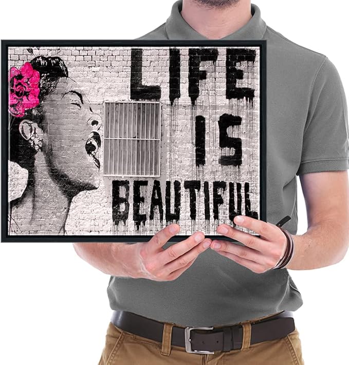Wieco Art Framed Wall Art Canvas Prints of Banksy Life is Beautiful Abstract Artwork for Wall Decor Room Decorations Black Frame