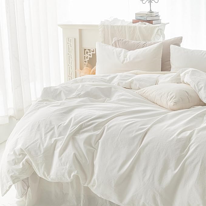 FOSSA Duvet Cover Set 100% Washed Cotton Linen Feel Super Soft Breathable Cozy 3 Pieces Bedding Sets Solid Off White California King