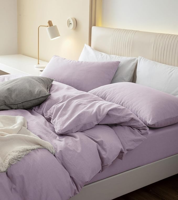 JIYUAN 100% Washed Cotton Duvet Cover Set 3 Pieces King, 1 Duvet Cover 104x90 Inches(Comforter Not Included) and 2 Pillowcases,Linen Like Comfy and Breathable,Heathered Light Purple