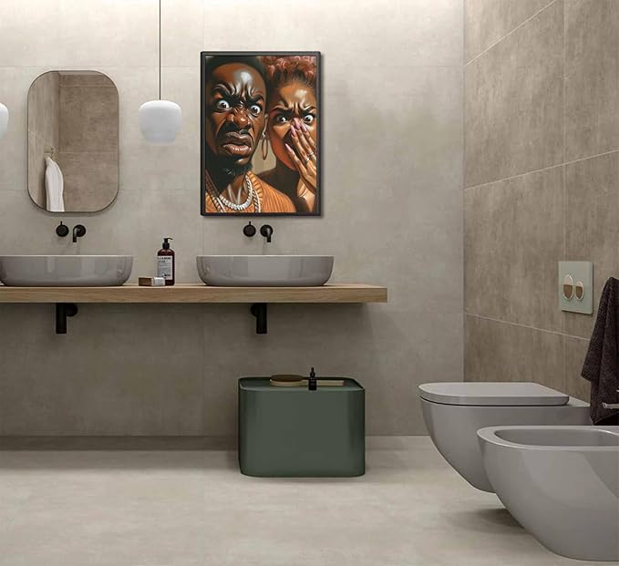 JASMIE Funny African American Bathroom Canvas Wall Art Humor Afrocentric Black Couple Unpleasant Smell Cover Nose Painting Pictures Wall Decor Print Artwork for Washroom Toilet Home Unframed