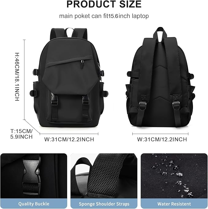 coowoz School Backpack for Men Women College Bookbag Waterproof Lightweight Black Backpack Mochilas Book Bag Rucksack Casual Daypack School Bag for Boys Girls