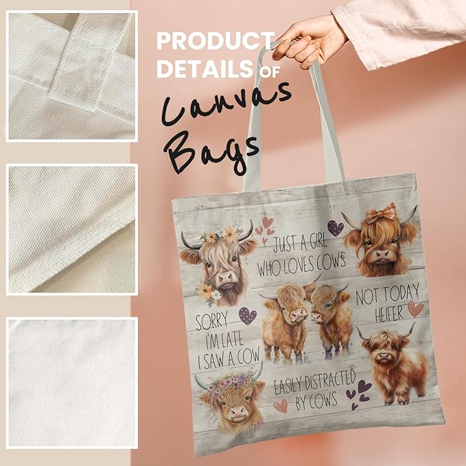 Western Highland Cow Canvas Tote Bag - Highland Cow Lover Gifts,Canvas Shoulder Bag for Women for Girls