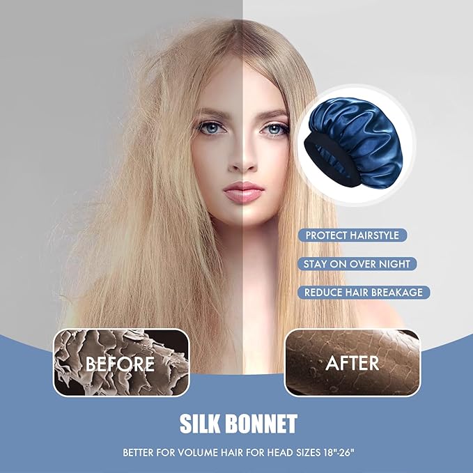 Satin Silk Bonnet for Sleeping, Double Layer Silk Sleep Cap for Men & Women, Soft Satin Lined Bonnet for Natural & Curly Hair(Navy Blue)