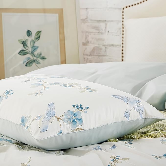 mixinni Blue and White Floral Duvet Cover King Long Staple Cotton Reversible Design Duvet Cover Set, Cute Flowers Birds Bedding Sets with Button Closure Ties 2 Pillowcases for Him and Her-King Size