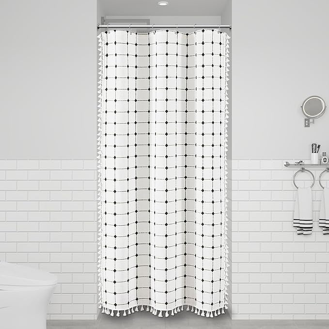 BTTN Boho Shower Stall Curtain - 36x72 Narrow Linen Ultra Thick Tassel Fabric Cloth Shower Curtain Set with 6 Plastic Hooks, Half Modern Farmhouse Country Shower Curtains for Bathroom, White and Black