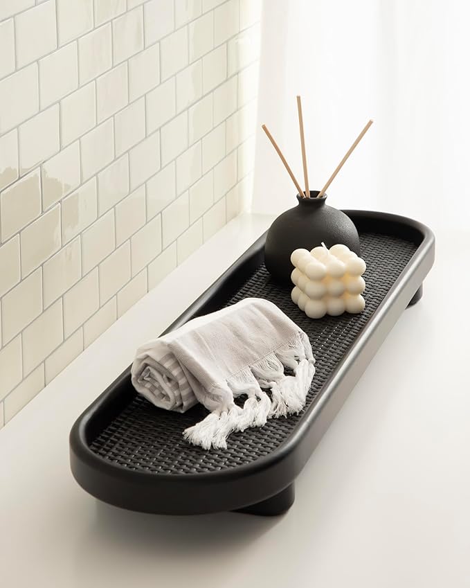 Kate and Laurel Planche Decorative Capsule Woven Tray with Solid Wood Frame, 27 x 8, Black, Modern Slim Wood Rectangle Serving Tray for Living Room