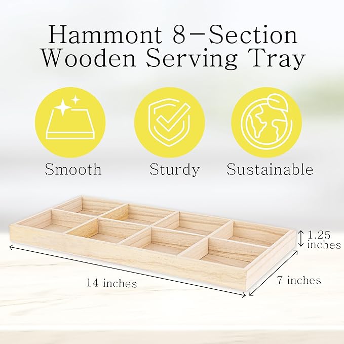 Hammont Rectangular Sectional Wooden Trays - 2 Pack - 7”x14”x1.25” - Eco Friendly Decorative Wooden Tray for Dry Fruits & Candies | Organic Wooden tray for Gift & Home Décor