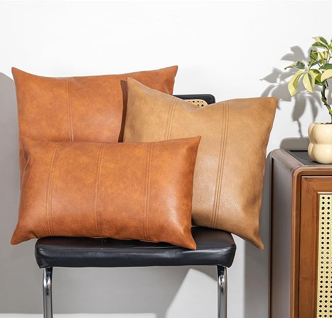 Faux Leather Throw Pillow Covers 12X20 Inch Set of 2 Brown Outdoor Modern Farmhouse Solid Decorative Pillow Covers for Room Couch Living Bedroom Bed Sofa