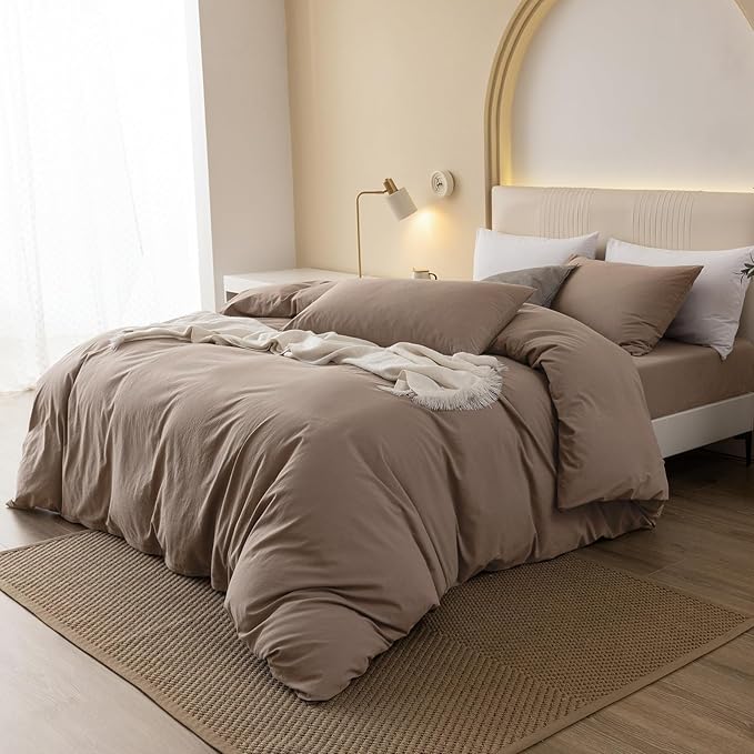 JIYUAN 100% Washed Cotton Duvet Cover Set 3 Pieces Full, 1 Duvet Cover 80x90 Inches(Comforter Not Included) and 2 Pillowcases,Linen Feel Bedding Set Comfy and Breathable,Light Brown