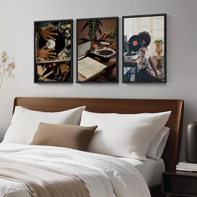 YFvrPt Black Woman Wall Art Set of 3, Fashion African American Women Wall Decor Trendy Abstract Girl Canvas Prints Aesthetic Pictures for Bedroom Living Room 16x24 inch Black Framed