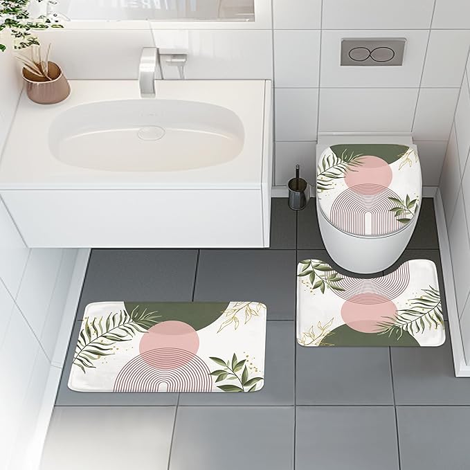 4 PCS Pink Sage Green Boho 72Wx72H Shower Curtain Set Modern Mid Century Plant Bath Rug Toilet Lid Cover Nonslip U Shape Mat Quick Dry Rubber Backed Dirt Resistant Accessories Bathroom Decor