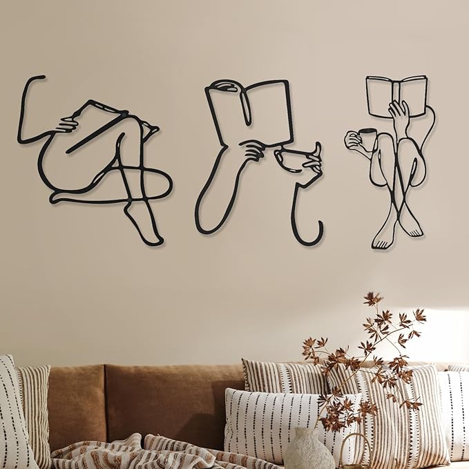 3 Pcs Metal Wall Art Decor Minimalist Abstract Woman Wall Art Metal Modern Line Drawing Decor Female Single Line Home Hanging for Bedroom Kitchen Bathroom Living Room(Book)