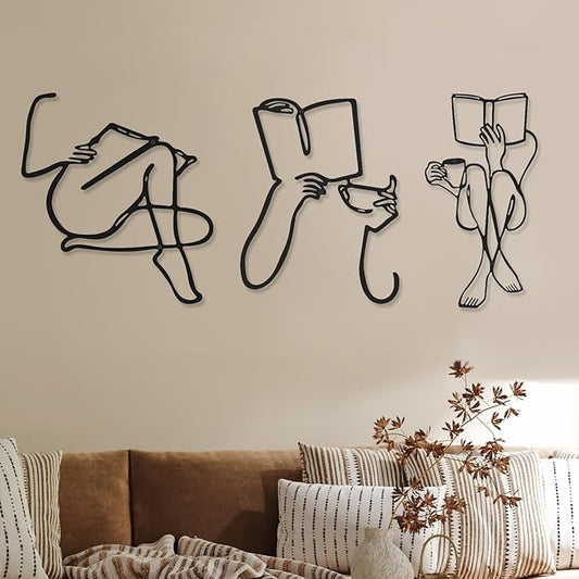 3 Pcs Metal Wall Art Decor Minimalist Abstract Woman Wall Art Metal Modern Line Drawing Decor Female Single Line Home Hanging for Bedroom Kitchen Bathroom Living Room(Book)