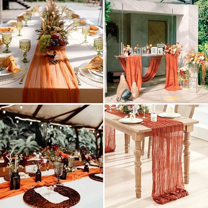 16 Pack Terracotta Cheesecloth Table Runner, 35x120 Inch Boho Gauze Cheese Cloth Table Runner 10ft Rustic Sheer Long Gauze Table Runners for Wedding Bridal Baby Shower Birthday Party Table Decor