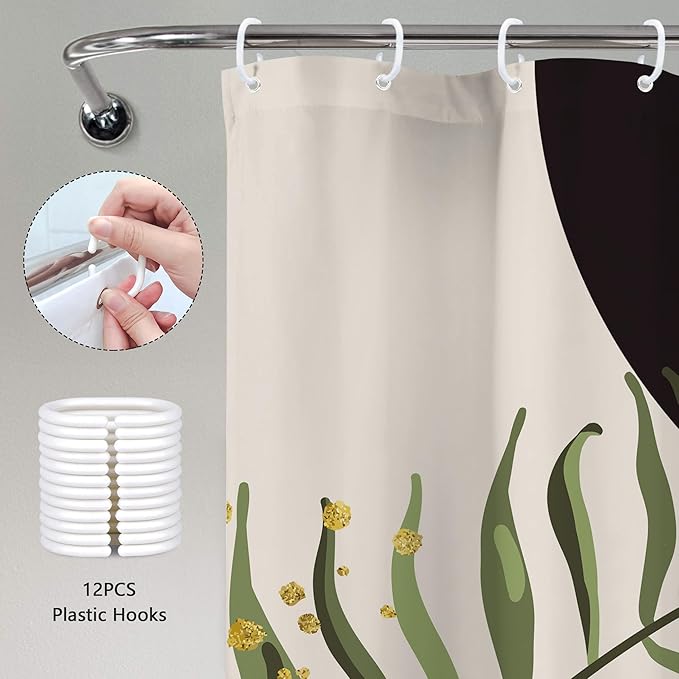 Dark Green Boho Shower Curtain 72Wx72H Black Bohemian Modern Abstract Plant Leaves Minimalist Geometric Bathroom Decor Mid Century Plant Neutral Bath Curtain Fabric Polyester 12 Pack Hooks