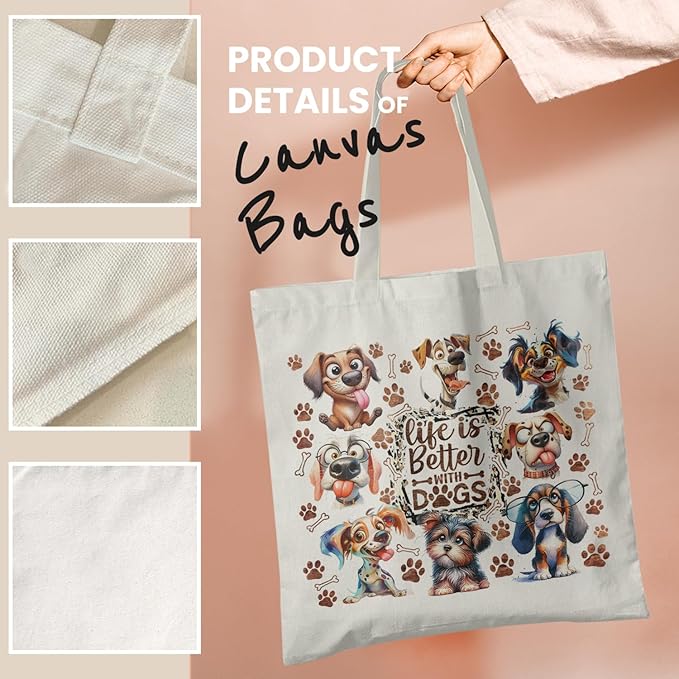Dog Mom Canvas Tote Bags - Reusable Grocery Bags for Shopping, Funny Dog Lover Gifts for Women