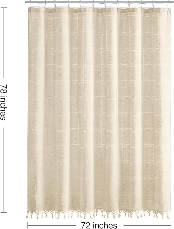 Long Boho Farmhouse Shower Curtain Set with Tassel, Modern Bohemian French Country Chic Bathroom Shower Curtain Set with PEVA Liner, Linen Fabric Shower Curtain 72x78 - Beige/Cream