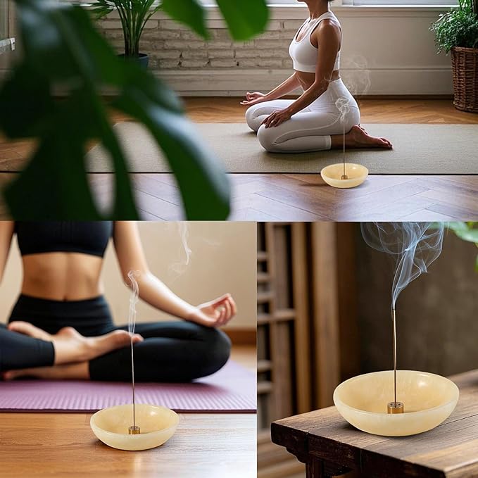 Koville Natural Onyx Incense Holder, Incense Holder for Sticks with 9 Holes, Handmade Incense Burner Ash Catcher for Meditation Yoga SPA, Balsam Fir/Palo Santo/Sage/Cone Incense Bowl(Orange)