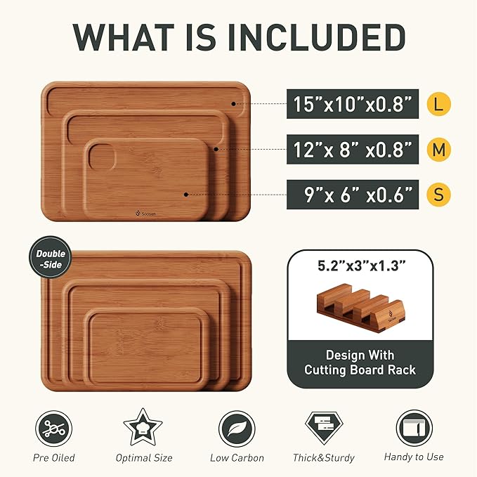 3 Packs Bamboo Cutting Board Set with Holder Nice Solid Thick Wood Deep Juice Groove & Built-in Handles Chopping Board Large Big Small Best Hardwood Kitchen Counter Organic Vegetable Meat BBQ Kit