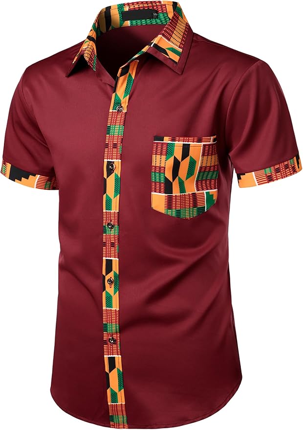 ZEROYAA Men's African Printed Patchwork Design Short Sleeve Button up Shirt
