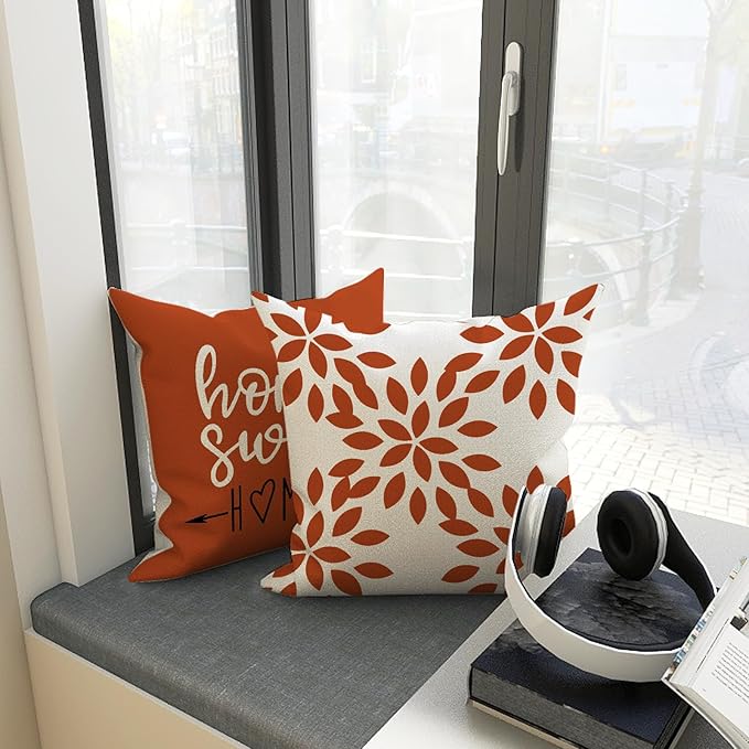 YCOLL Fall Pillow Covers 16x16 Set of 4, Modern Sofa Throw Pillow Cover for Fall Decor, Decorative Outdoor Linen Fabric Pillow Case for Couch Bed Car, Burnt Orange