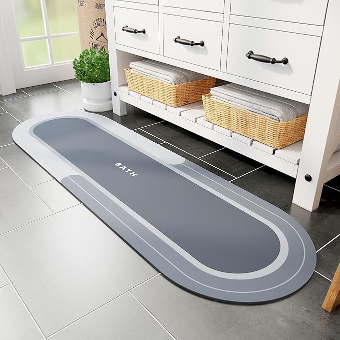 MontVoo Bath Mat Runner - Long Non Slip Absorbent Quick Dry Thin Bath Rug for Bathroom Floor Mat - Rubber Backed - Stain Resistant - Easy Care - Blue 17"x59"