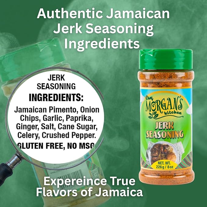 Chef Morgan’s Kitchen Jerk Seasoning – MSG & Gluten Free, 8oz. Authentic Jamaican Spice Blend for Jerk Chicken – Dry Rub for Grilling, Baking & Roasting – All Natural