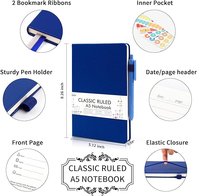 feela 24 Pack Journal Notebook for Work, Business Notebook Bulk Hardcover Lined Writing Journal with Pen Holder for Men Women Note Taking, with 24 Black Pens, 120 GSM, 5.1”x8.3”, A5, Navy