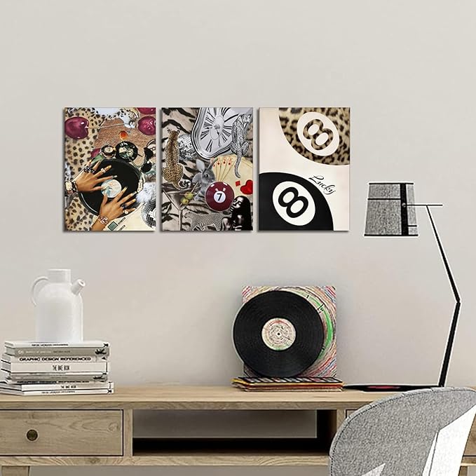Trendy Leopard Wall Art Set of 3, Cheetah Wall Decor Aesthetic, Black Girl 8 Ball Poster Canvas Print Pictures Funky Lucky Artwork for Bedroom Living Room Framed 16x24 inch