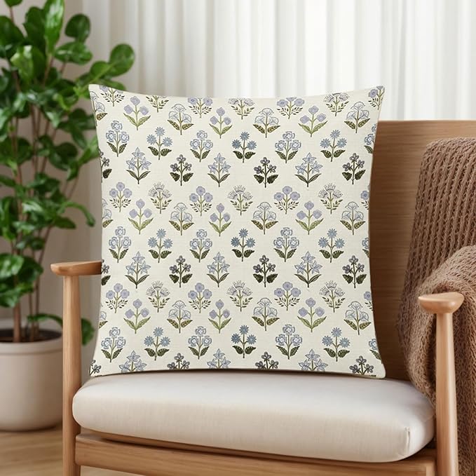 COMMINY Sage Green Blue Floral Pillow Cover 18x18 Set of 6 Minimalist Modern Throw Pillow Covers Square Cushion Covers for Couch Sofa Living Room Home Decor