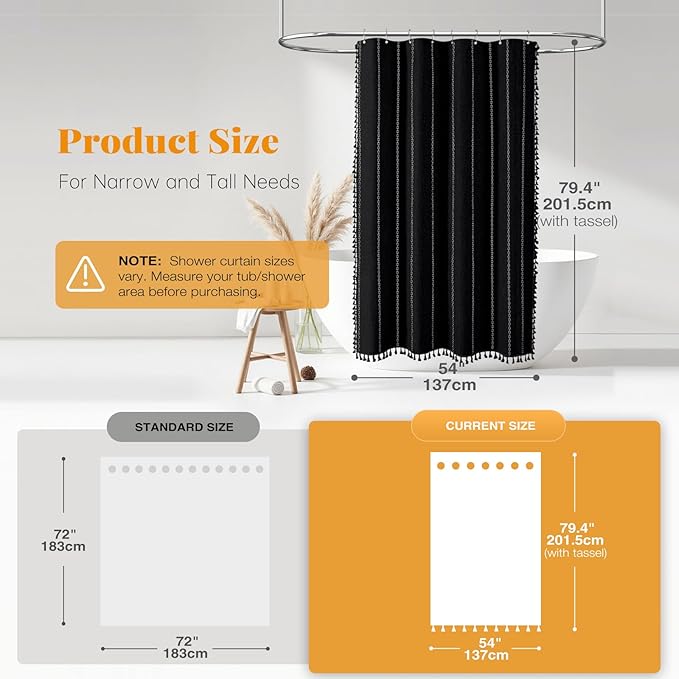 BTTN Stall Fabric Shower Curtain - 54x78 Boho Striped Linen Heavy Duty Tassel Shower Curtain with 10 Hooks, Narrow Rustic Modern Farmhouse Bohemian Thick Shower Curtains for Bathroom - Black and White