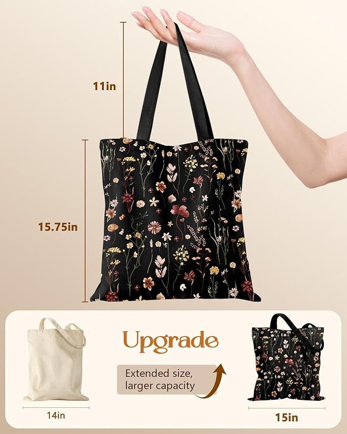 Canvas Tote Bag for Women – Aesthetic Canvas Bag with Zipper Cute Stylish Reusable Shoulder Totes for Shopping Work Daily Vacation, Black Grow Flower
