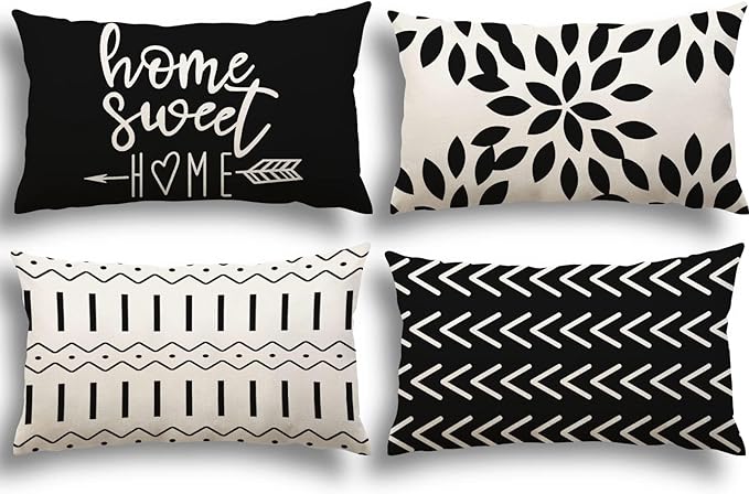 YCOLL Lumbar Pillow Covers 12x20 Set of 4, Modern Sofa Throw Pillow Cover, Decorative Outdoor Linen Fabric Pillow Case for Couch Bed Car, Black