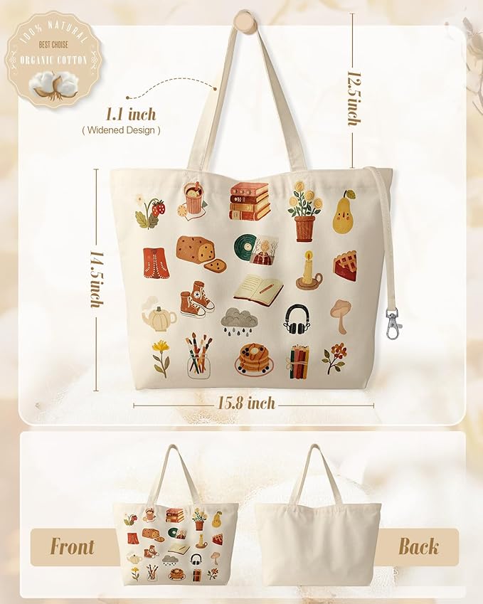 Large Tote Bag for Women - Aesthetic Cute Big Canvas Bags with Zipper Cotton Shoulder Bag for Gym, Travel, Work
