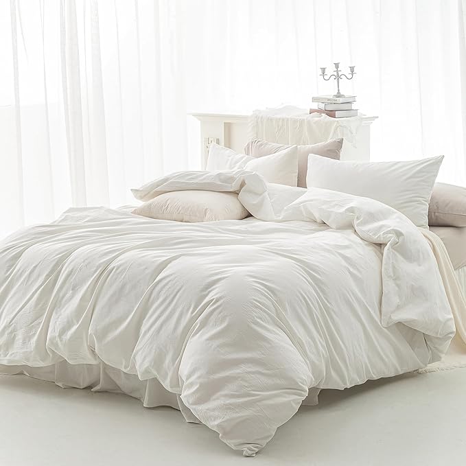 FOSSA Duvet Cover Set 100% Washed Cotton Linen Feel Super Soft Breathable Cozy 3 Pieces Bedding Sets Solid Off White California King