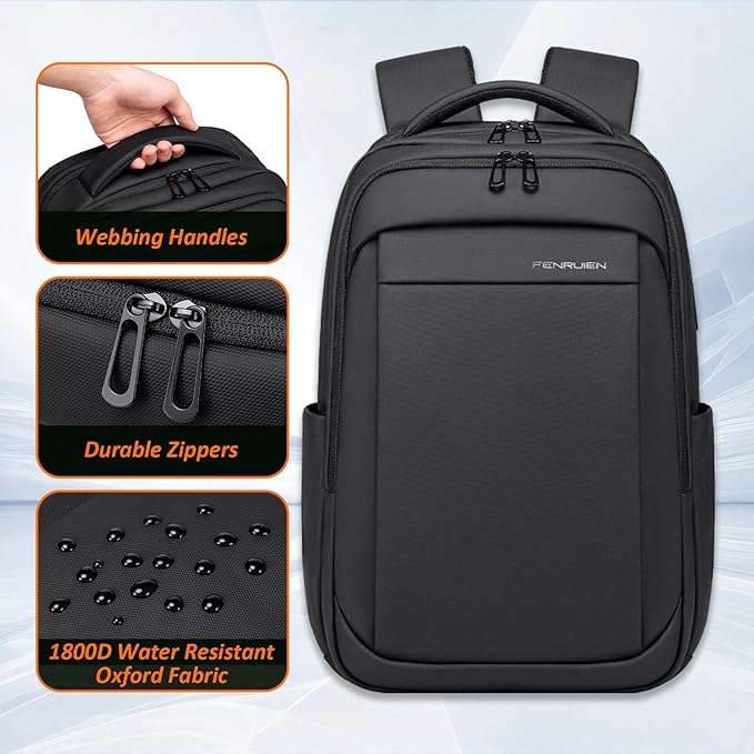 FENRUIEN Expandable Travel Backpack for Men, Water Resistant Computer Backpack with USB Charging Port，Black Laptop Bag 15.6 Inch