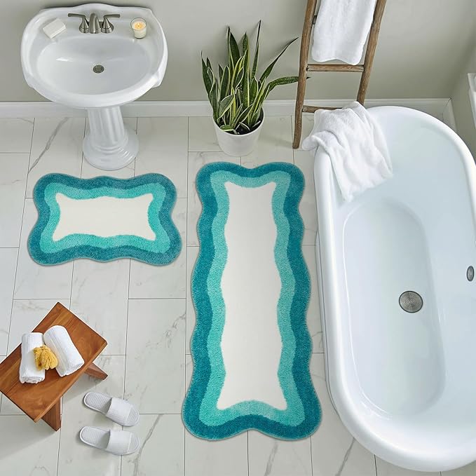 HAOCOO Irregular Shape Bathroom Rug Runner, 18x47 inch Soft Aqua Gradient Non Slip Bathtub Mat,Microfiber Washable Runner Rug Room Decor Aesthetic Carpet for Doormat Tub Bedside Bathroom Decor