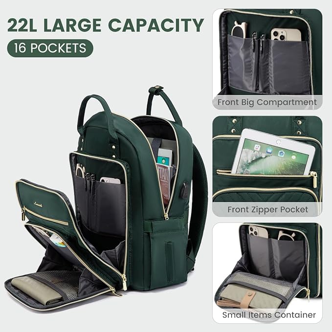 LOVEVOOK 15.6 Inch Laptop Backpack for Women,Fashion Work Travel Backpack,Waterproof Day Pack Purse for Teacher Nurse Dark Green