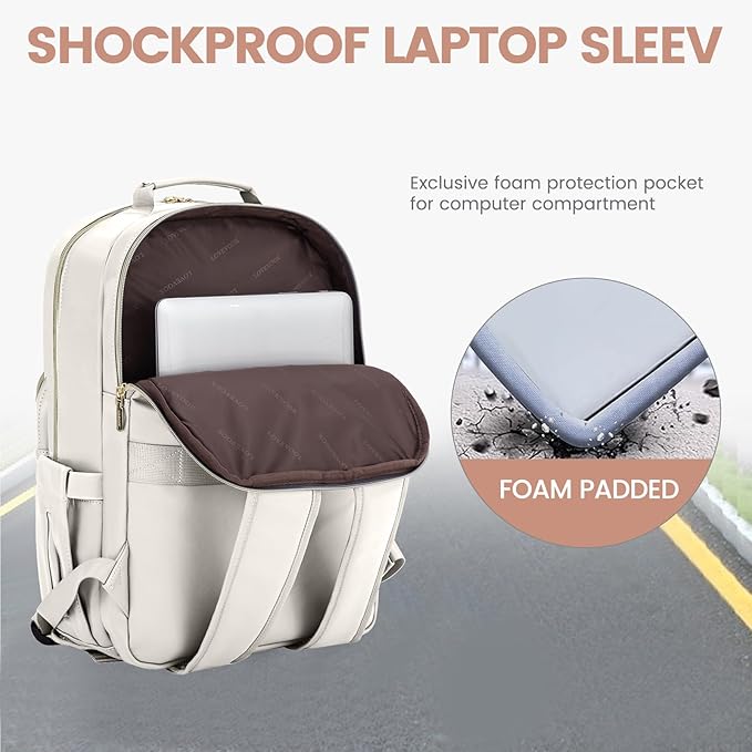 LOVEVOOK Leather Backpacks for Women,17.3 inch Leather Laptop Backpack Women Computer Backpack Laptop Bag,Stylish Quilted Travel Backpack Purse Work College Teacher Backpacks with USB Port,Off-white