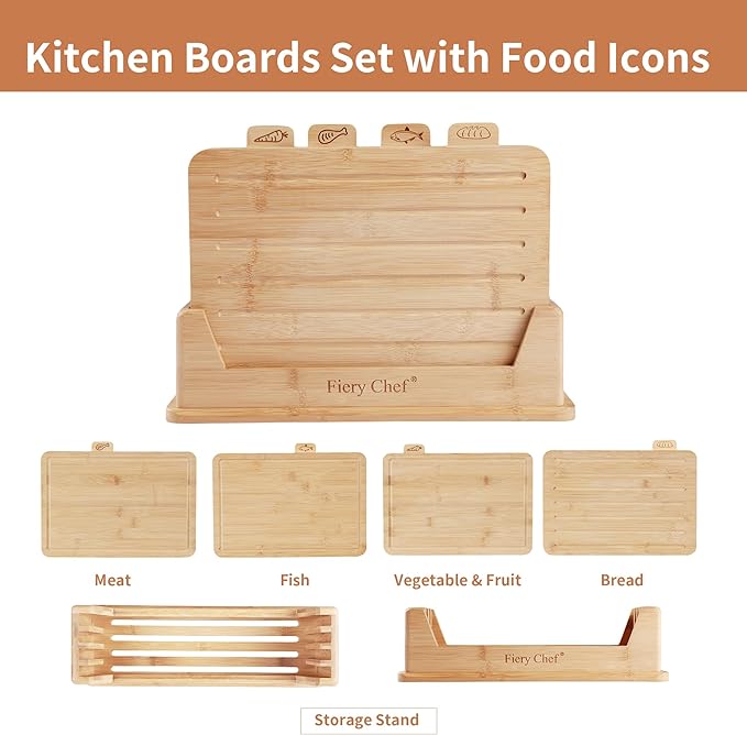 14.56"L x 11"W Bamboo Cutting Board Set of 4 - Wood Cutting Board Set with Holder, Chopping Boards Set with Food Icons, Juice Groove - Ideal for Meat, Fish, Bread, Vegetable, Fruit Chopping